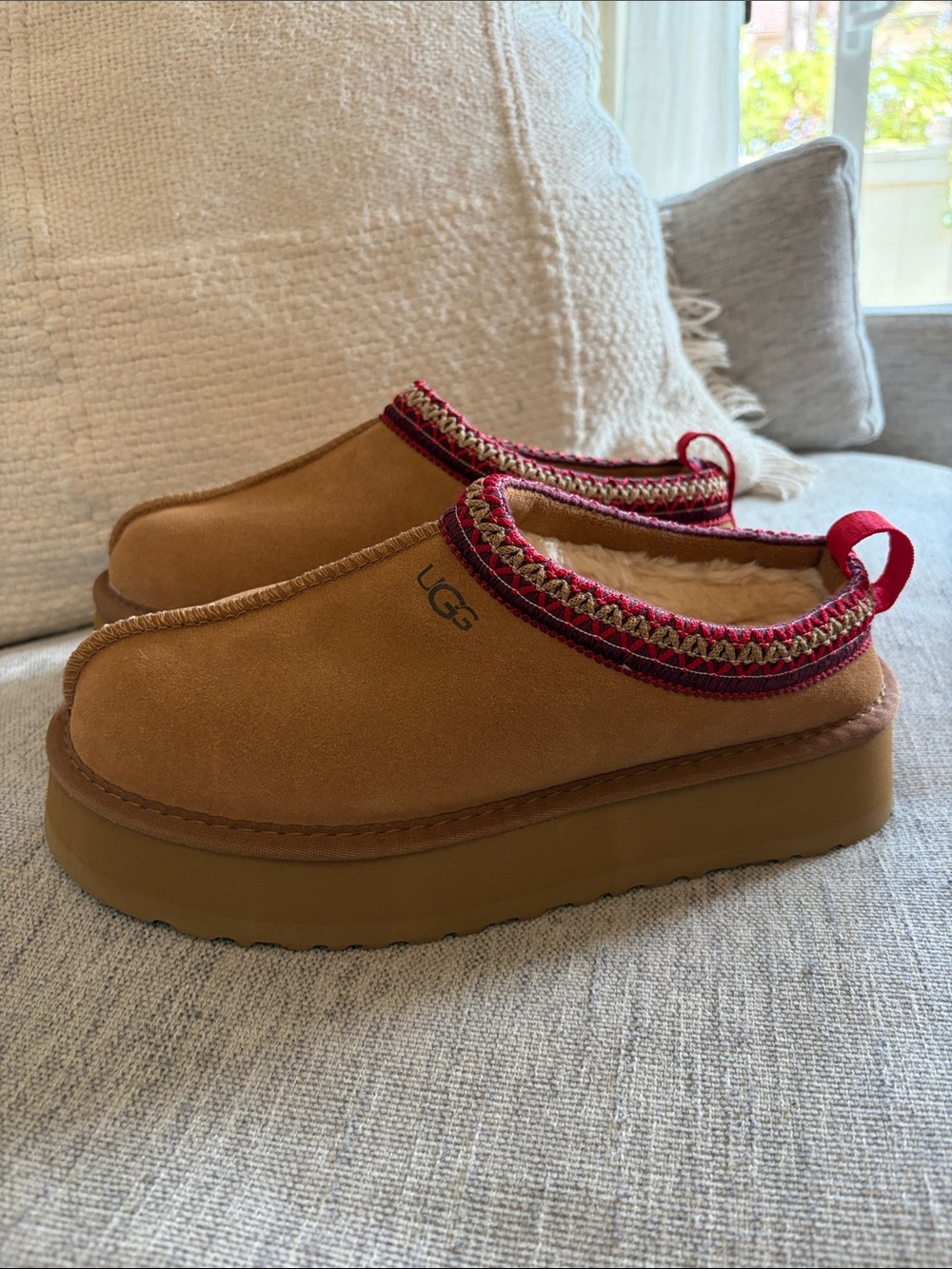 UGG Women's Tasman Slippers in Chestnut with Red Trim